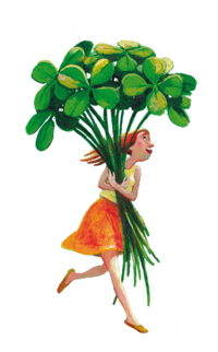 Illustration of a girl holding a bunch of shamrocks in her hands. | © SONNENTOR
