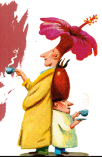 Illustration von zwei Personen mit Hagebutte und Hibiskus als Hut. | © SONNENTOR