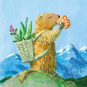 Illustration eines Alpenmotivs mit einem Tee trinkenden Murmeltier. | © SONNENTOR