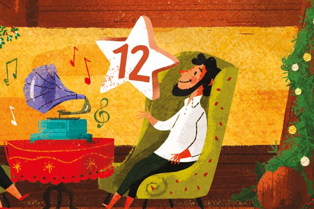 Ein Mann der auf einem Couchsessel zu Musik entspannt. Rundherum ist weihnachtlich dekoriert. | © SONNENTOR