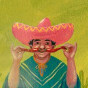 Illustration, bei der Rodriguez einen Sombrero trägt und sich zwei Chilis wie einen Schnurrbart ins Gesicht hält | © SONNENTOR