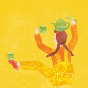 Illustration, auf der eine Frau auf einem Bein stehend links eine Teetasse, rechts einen Teelöffel hält und gleichzeitig eine Teekanne auf dem Kopf und eine weitere Tasse auf dem gehobenen Bein balanciert | © SONNENTOR