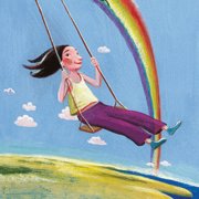 Illustration, auf der eine Frau hoch im Himmel unter einem Regenbogen auf einer Schaukel sitzt und schaukelt | © SONNENTOR