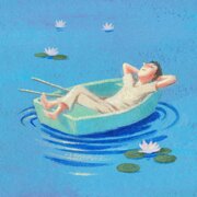 Illustration, auf der ein Mann mit geschlossenen Augen im Boot liegt und auf dem Wasser treibt | © SONNENTOR