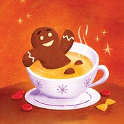 Illustration, auf der ein fröhliches Lebkuchenmännchen in einer heißen Tasse Tee badet | © SONNENTOR