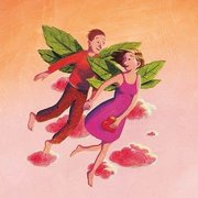 Illustration, auf der ein Mann und eine Frau mit Flügeln aus Blättern Hand in Hand nebeneinander her fliegen, wobei die Frau ein Herz in ihren Händen hält | © SONNENTOR