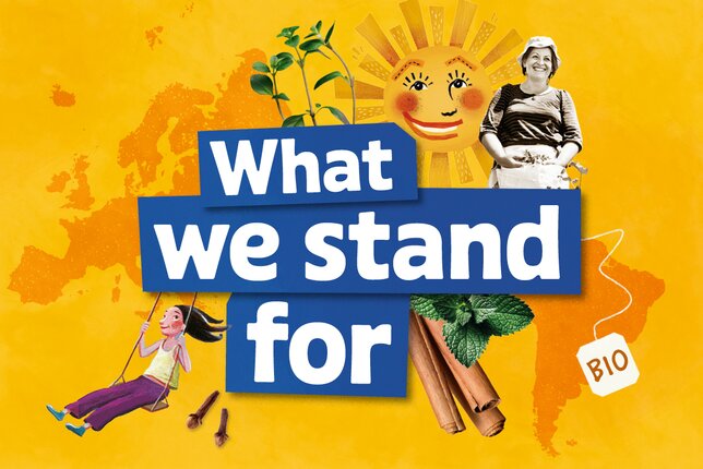 SONNENTOR Illustrations and photo of a SONNENTOR farmer with the text "What we stand for" and organic tag | © SONNENTOR