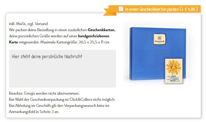 Im Warenkorb gibt es die Möglichkeit den Geschenkverpackservice dazu zu buchen. Auch ein Text kann in einem Textfeld hinterlegt werden | © SONNENTOR