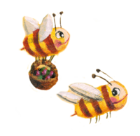 Illustration von zwei Bienen. Eine Biene führ einen Korb mit sich. | © SONNENTOR