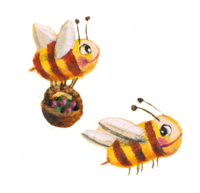 Illustration von zwei Bienen. Eine Biene führ einen Korb mit sich. | © SONNENTOR