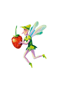 Illustration of an elf flying with a wild strawberry in his hands. | © SONNENTOR