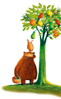 Illustration of a tree with various fruits on it. Next to it is a bear with a hedgehog on it picking the fruit. | © SONNENTOR