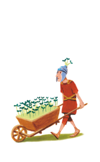 Illustration von einem Römer, der eine Scheibtruhe mit Keimsaaten vor sich schiebt. | © SONNENTOR