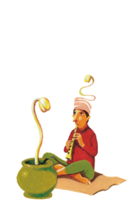 Illustration of a man summoning a seed of germs on his flute as if summoning a snake. | © SONNENTOR