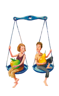 Illustration of a scale with a woman and a man sitting on it with fruit. | © SONNENTOR