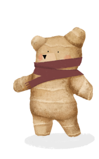 Illustration of a ginger tuber in the shape of a bear. The ginger bear wears a scarf. | © SONNENTOR