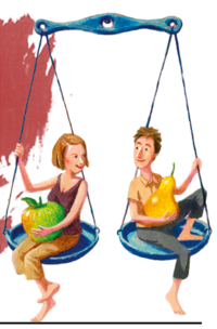 Illustration von einer Wage, auf denen eine Frau und ein Mann mit Obst sitzen. | © SONNENTOR