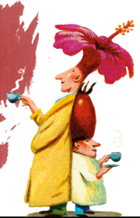 Illustration von zwei Personen mit Hagebutte und Hibiskus als Hut. | © SONNENTOR