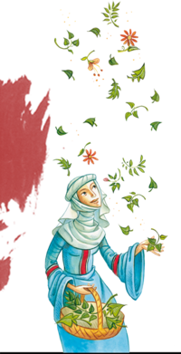 Illustration von Hildegard von Bingen. Sie sammelt Blätter. | © SONNENTOR