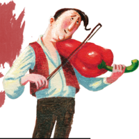 Illustration von Lazlo, wie er mit einem Geigenbogen auf einer roten Paprika spielt. | © SONNENTOR