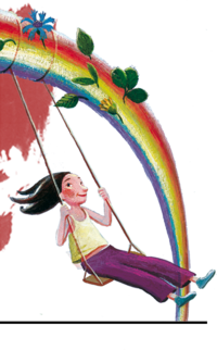 Illustration von einer jungen Frau, die auf einem Regenbogen schaukelt. | © SONNENTOR