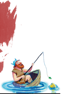 Illustration von Sven in einem Fischerboot. Im Hintergrund ist rote Farbe. | © SONNENTOR