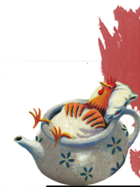 Illustration von einem Huhn, das in einer Teekanne schläft. Im Hintergrund ist rote Farbe. | © SONNENTOR