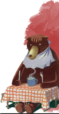 Illustration von einem Bär, der mit Messer und Gabel in der Hand bei Tisch vor einer Tasse sitzt. | © SONNENTOR