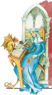 Illustration von Hildegard, die gerade etwas in ein Buch schreibt. | © SONNENTOR