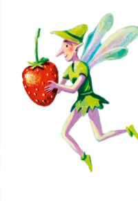 Illustration of an elf flying through the air with a wild strawberry. | © SONNENTOR