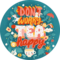 The illustration features the words "Don't worry TEA happy" on a turquoise background, surrounded by various illustrations such as a teacup, a unicorn, a cat, etc. | © SONNENTOR