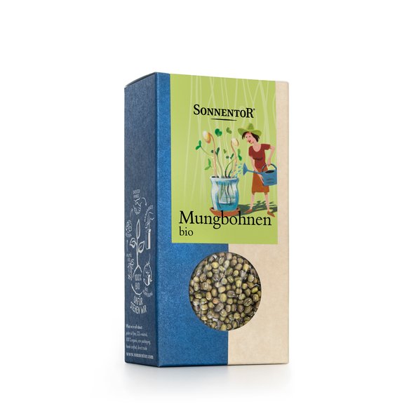 Photo of a pack mung beans. On the package you can see your lady watering sprouts.
