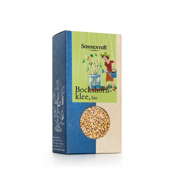 Photo of a pack fenugreek. On the package you can see a woman watering sprouts.