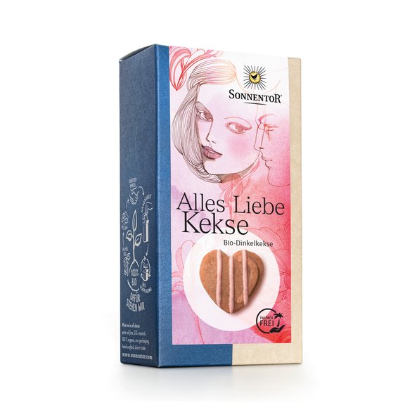 Foto von einer Packung Alles Liebe Kekse. Auf dem rosa Etikett sind eine Frau und ein Mann abgebildet.
