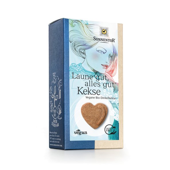 Foto einer Packung Laune gut, alles gut Kekse. Auf dem blauen Etikett ist eine Frau und ein Keks in Herz Form abgebildet.