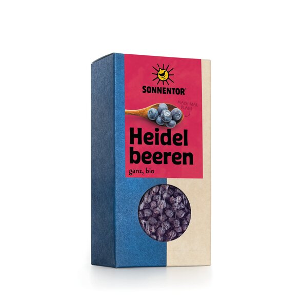 Photo of a pack blueberries whole. On the package is a picture of a wooden spoon with blueberries.