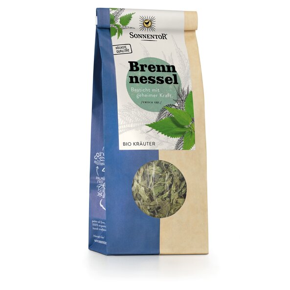 Photo of a pack stinging nettle tea. On the package is a picture of a stinging nettle plant.
