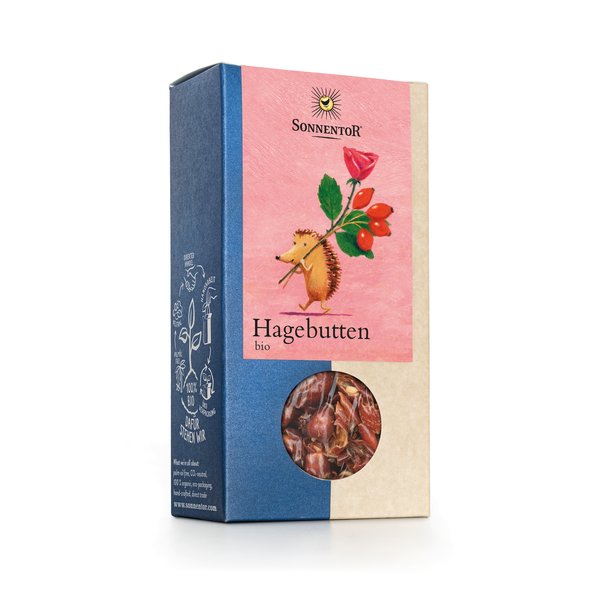 Photo of a Rosehips loose. On the package is a picture of a hedgehog carrying a bouquet with a rosehip twig and a rose.