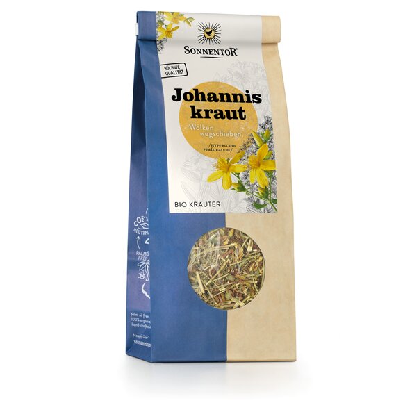 Foto einer Packung Johanniskraut lose. Auf der Packung ist eine Abbildung von einer Johanniskraut Pflanze mit Blüten.