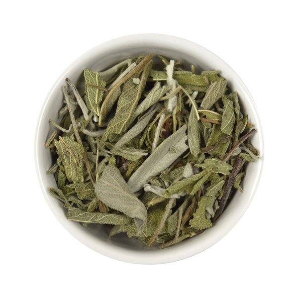 Photo of a small bowl filled with the loose Sage Tea from SONNENTOR.