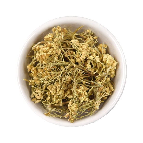 Photo of a small bowl filled with the loose Yarrow Tea from SONNENTOR.