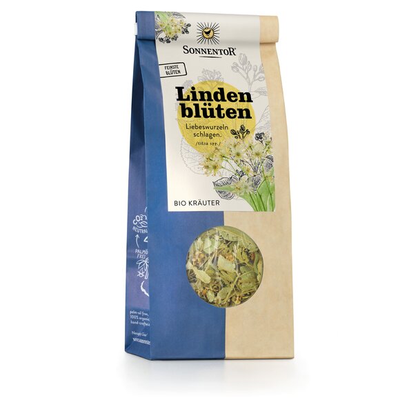 Photo of a pack of SONNENTOR Lime Flowers loose Organic Lime Blossom. Lime blossoms are shown on the package.