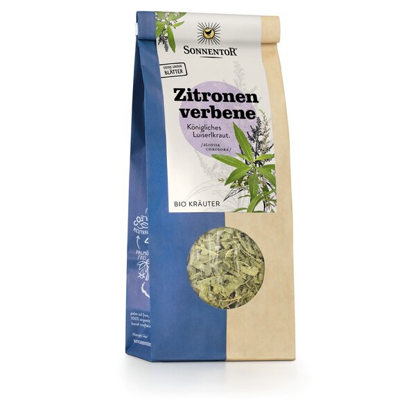 Photo of a pack of SONNENTOR lemon verbena loose. A lemon verbena is shown on the package.