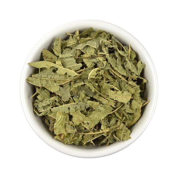 Photo of a small bowl filled with loose lemon verbena.