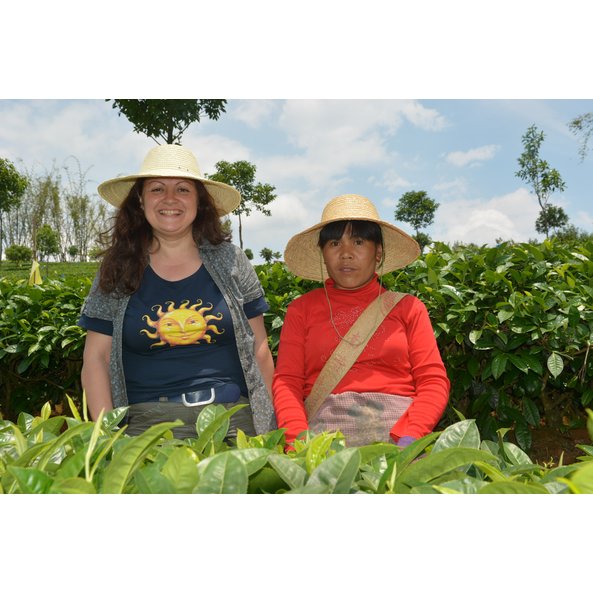 Foto, auf dem eine SONNENTOR Mitarbeiterin mit einer einheimischen Anbaupartnerin für den SONNENTOR 00221 Darjeeling Schwarztee lose zu sehen ist. Sie stehen inmitten der Teepflanzen.