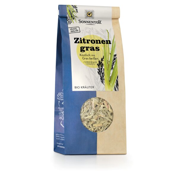 Photo of a pack of SONNENTOR lemongrass loose. Lemongrass is shown on the package.