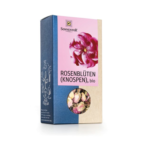 Photo of a pack of SONNENTOR Rose Flowers (buds) loose Organic Rose Blossoms. An open rose petal can be seen on the package.