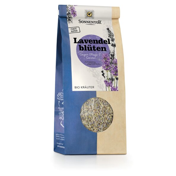 Photo of a pack of SONNENTOR Lavender Flowers loose Organic Lavender Blossom. You can see lavender in bloom on the package.