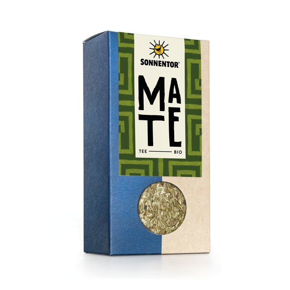Photo of a pack of SONNENTOR Mate tea loose. The pack is kept very simple and clear and has a light-dark green background.
