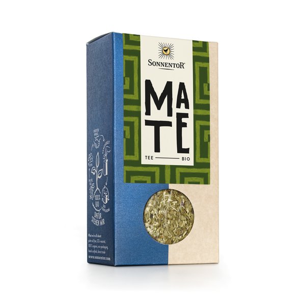 Photo of a pack of SONNENTOR Mate tea loose. The pack is kept very simple and clear and has a light-dark green background.